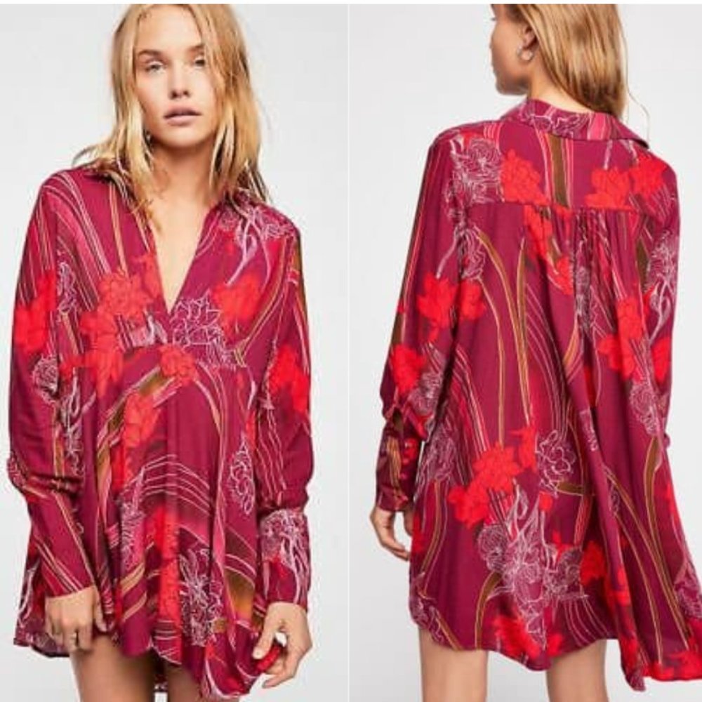 *SOLD* Free People Red Field of Flowers Tunic High Low Top Size S